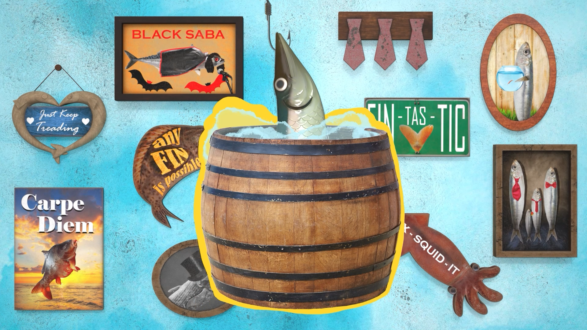 Collage of fish-themed wall art with puns, featuring a cartoon fish emerging from a wooden barrel amid quirky signs and illustrations.
