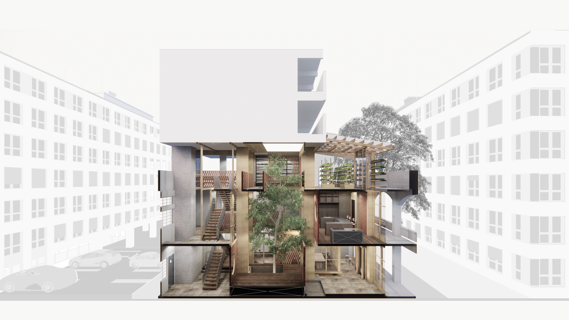 Sectional rendering of a multi-storey building with central courtyard, trees, terraces, walkways and vertical gardens against a city backdrop.