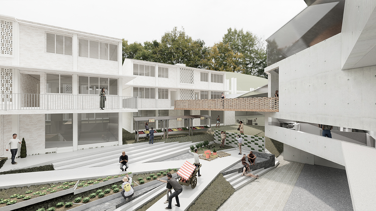 Architectural rendering of a community courtyard with white buildings, terraced gardens, market stalls and people engaging in everyday activities.