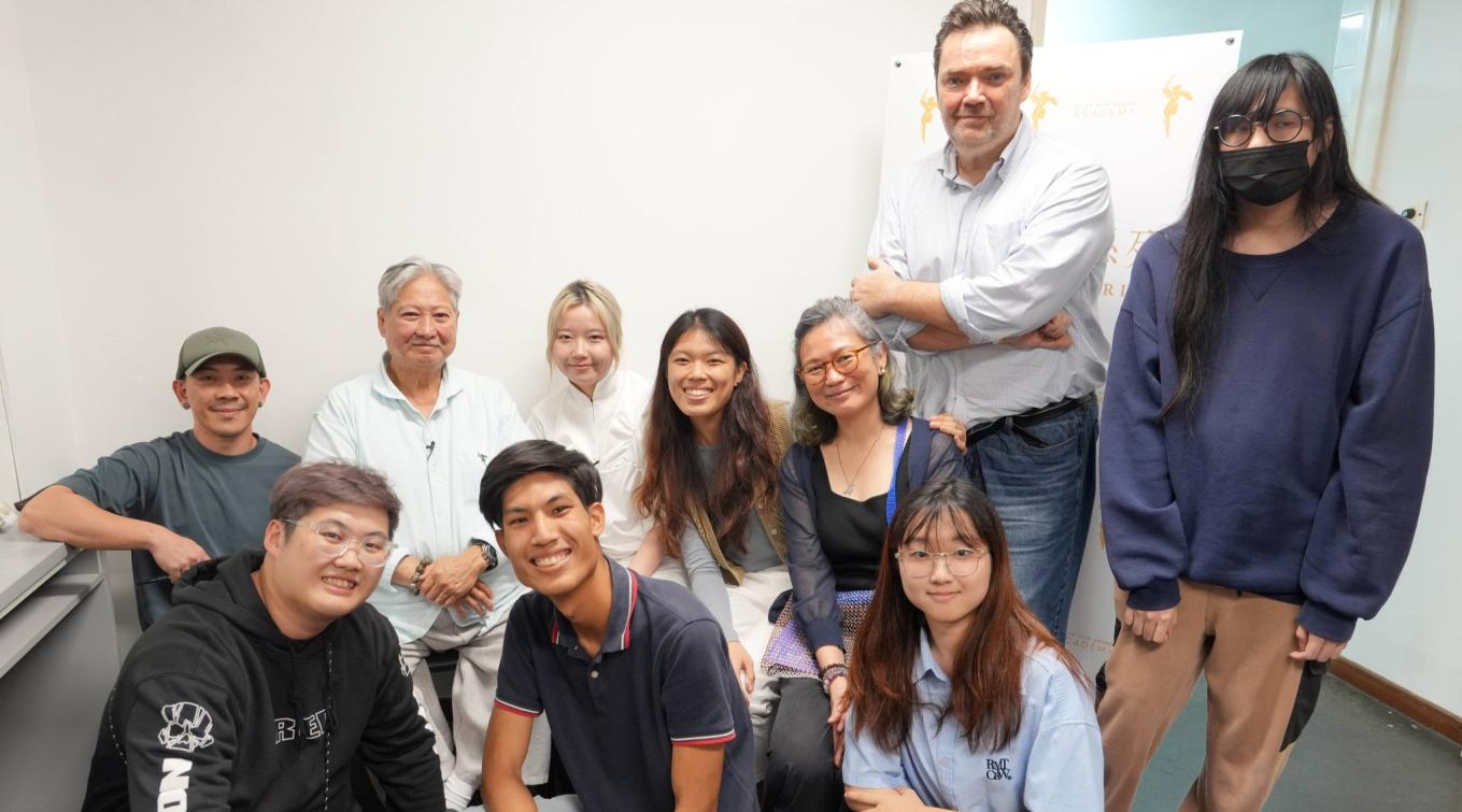 Sammo Hung (back row, second from left) with Chris Shaw, Head, Puttnam School of Film & Animation (standing, second from right), Dr Gan Sheou Hui, Lecturer, Animation, BA (Hons) Animation Art and BA (Hons) Film students.