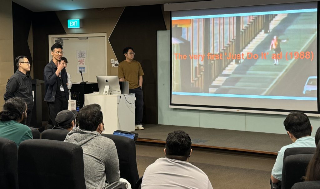 (From left) Sheng Jin, Felix, Kathy Ann Lim and Darius do a group presentation during class.