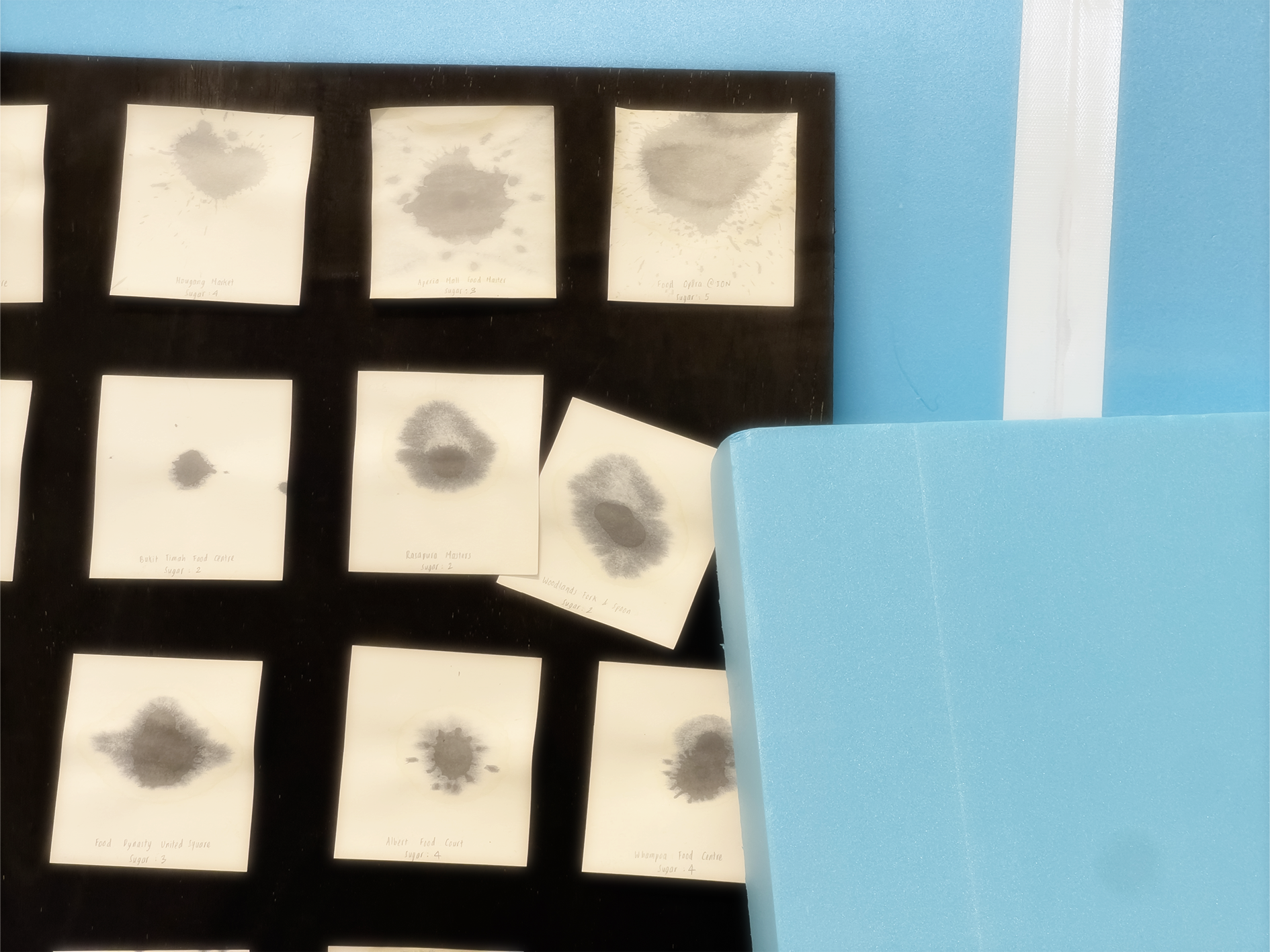 Close-up of a grid of hand-labelled inkblot test prints mounted on black board, partially obscured by a light blue foam panel.