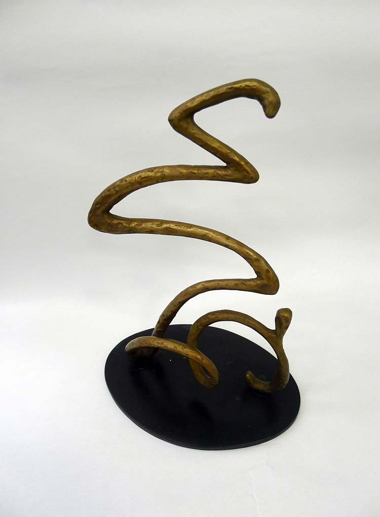 The McNally Award, an abstract bronze sculpture of a twisted, looping rod mounted on a black oval base, photographed against a plain white background.
